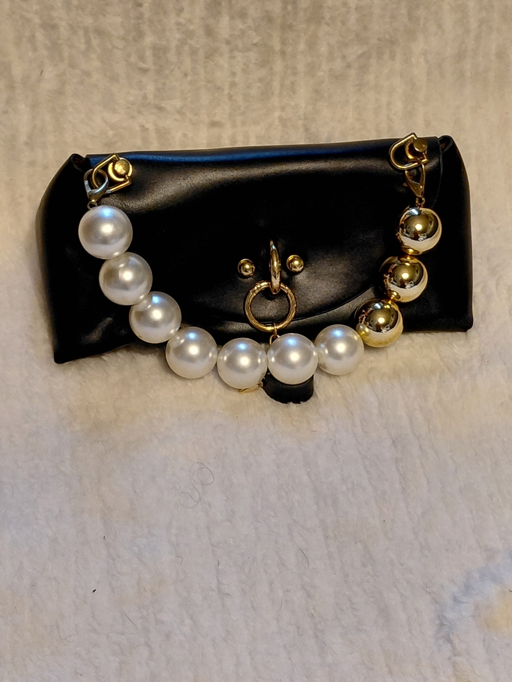 Black Clutch with Pearl and Gold Bead Strap